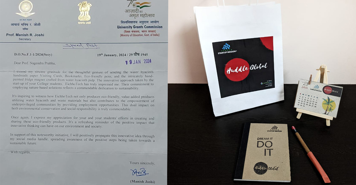 UGC secretary Prof Manish R Joshi's appreciative letter and products made the startup out of water hyacinth. Photo: Special arrangements 