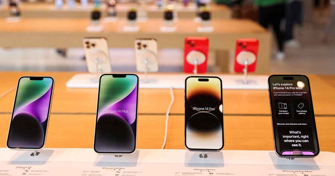 FILE PHOTO: Apple iPhones are seen inside India's first Apple retail store during a media preview, a day ahead of its launch in Mumbai, India, April 17, 2023. REUTERS/Francis Mascarenhas/File Photo