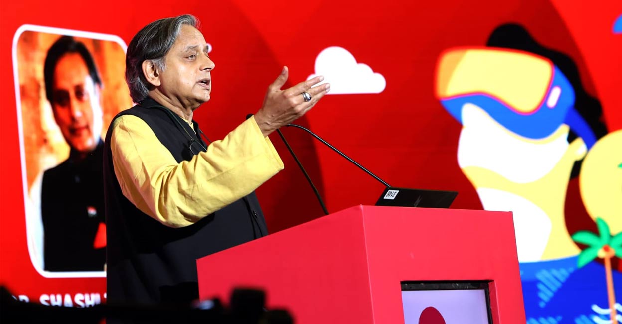 Shashi Tharoor speaking at Huddle Global 2024 at Kovalam, Thiruvananthapuram, on Saturday. Photo: Special arrangement.