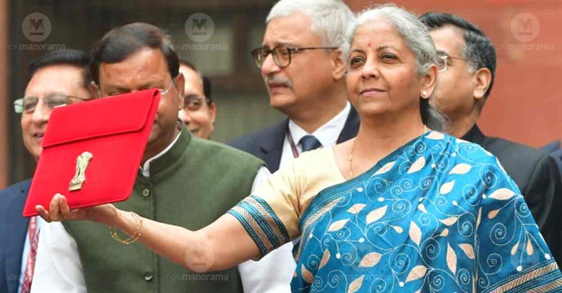 Union Finance Minister Nirmala Sitharaman leaves from the finance ministry with the Budget 'bahi-khata'. Photo: Josekutty Panackal/Manorama