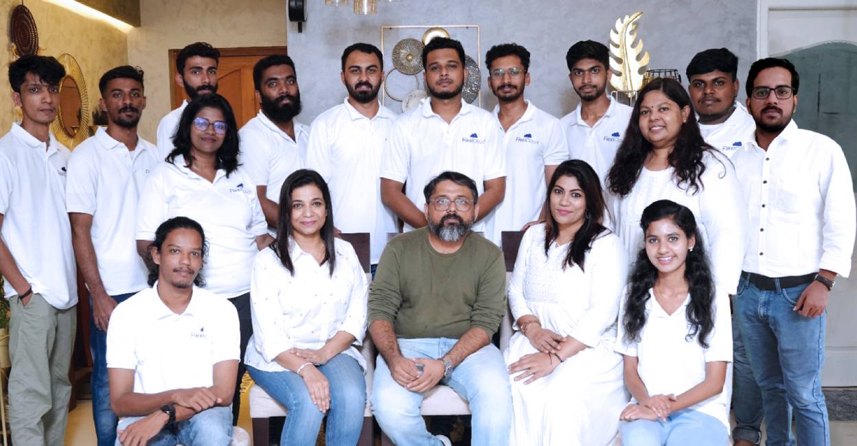 Anooja Bashir, CEO & co-founder, Vinod Chacko, founder, and Binu Mathew, CFO, along with the FlexiCloud team. Photo: Special arrangement