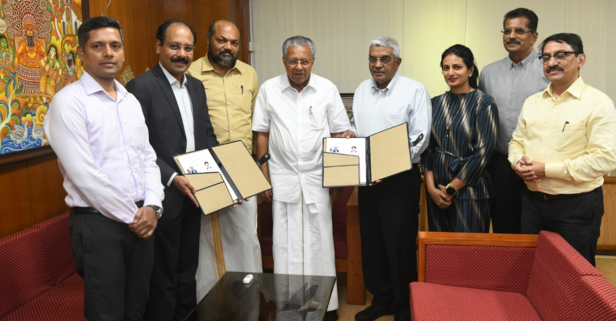 Chief Minister Pinarayi Vijayan at the ceremony where a land-lease agreement was signed between Infopark and real-estate major Brigade Enterprises, at Thiruvananthapuram on Wednesday. Among others seen, from left, are state IT Secretary Rathan U Kelkar IAS, Infopark CEO Susanth Kurunthil, Industries Minister P Rajeeve, Brigade Group Executive Chairman M R Jaishankar, Joint Managing Director Nirupa Shankar, and Chief Secretary V Venu . Photo: Special arrangement