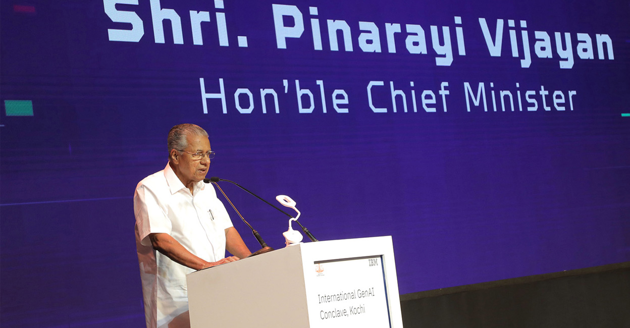 Pinarayi Vijayan Chief Minister Shri Pinarayi Vijayan speaking at the inauguration of the country’s first International GenAI Conclave in Kochi on Thursday. Photo: Special Arrangement.