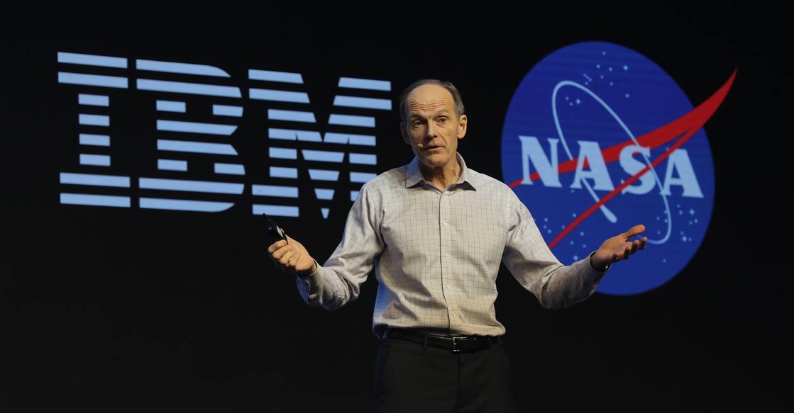 Former NASA astronaut and technology executive Steve Lee Smith speaking at a session on ‘‘Lessons Learned from A Skywalker” at the country’s first International GenAI Conclave in Kochi on Thursday. Photo: Special arrangement