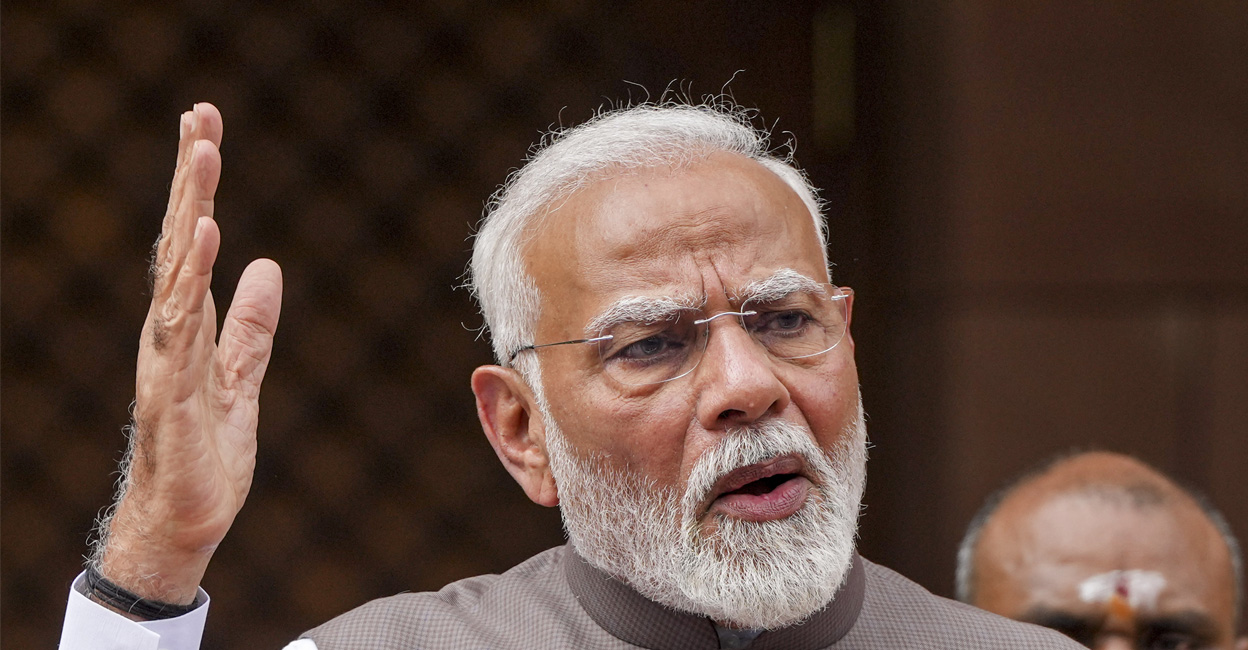 Prime Minister Narendra Modi addresses the media on the first day of the Parliament session. Photo: Atul Yadav/PTI.