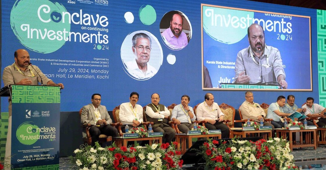 Industries Minister P Rajeeve speaks after inaugurating a ‘Conclave on Continuing Investments’ in Kochi on Monday. Photo: Special Arrangement