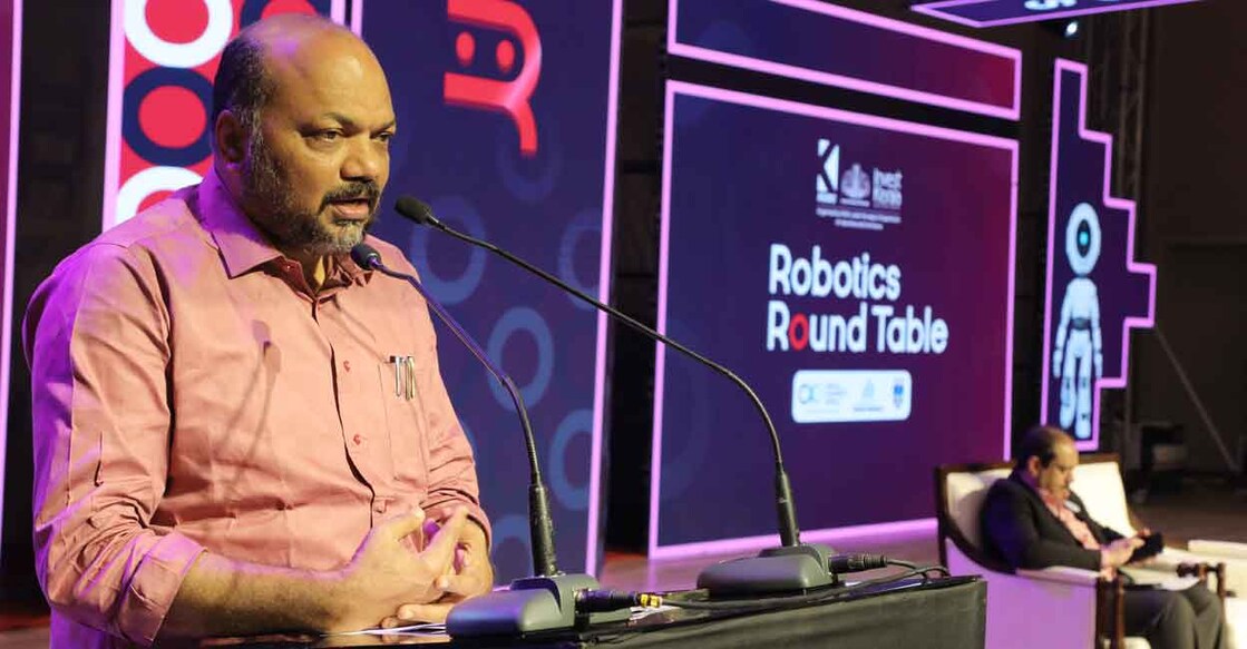 min-rajeeve-robotics-round-table Kerala's Minister for Industries, P Rajeeve, addresses the Robotics Round Table in Kochi on Friday. Photo: Special arrangement