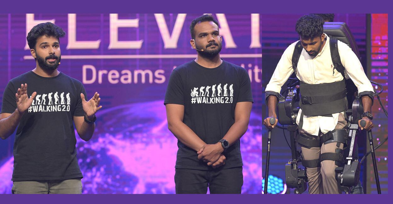 Astrek Innovations founders Robin Thomas, Jithin Vidya Ajith, wearable robotics device (Right). Photo: Manorama Online.