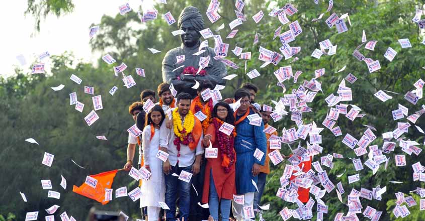 New Delhi: ABVP (RSS-affiliated students organisation) candidates Akshit Dhaiya, Pradeep Tanwar and Shivangi Khaewal celebrate after winning the posts of Delhi University Students Union (DUSU) President, Vice President and Joint Secretary respectively, at the North Campus in New Delhi on Sep 13, 2019. (Photo: IANS)