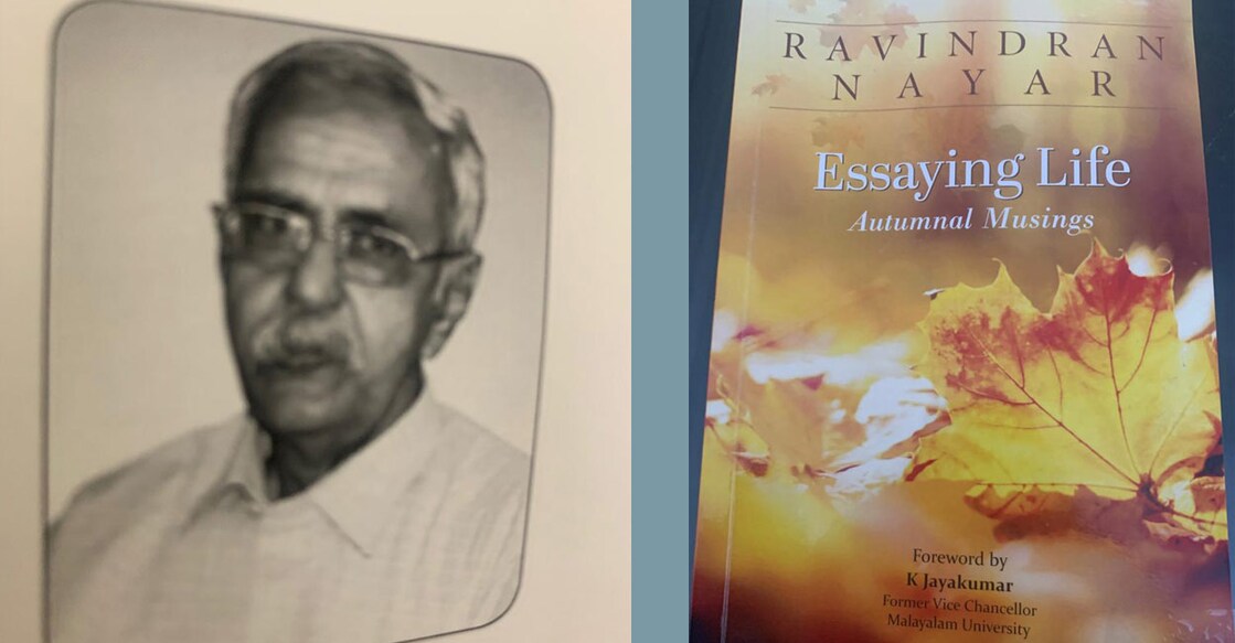 Ravindran Nayar (left), his book ‘Essaying Life’ (right). 