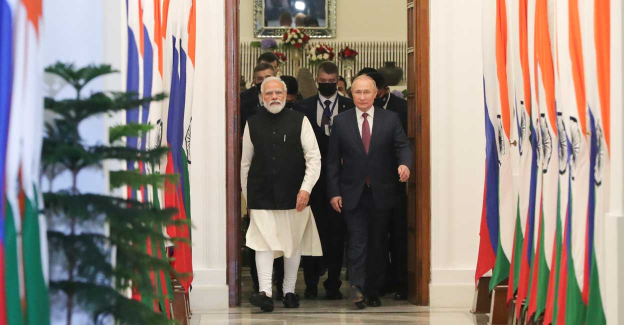 Russia's President Vladimir Putin attends a meeting with India's Prime Minister Narendra Modi in New Delhi, India, December 6, 2021. Photo: Sputnik/Mikhail Klimentyev/Kremlin via Reuters