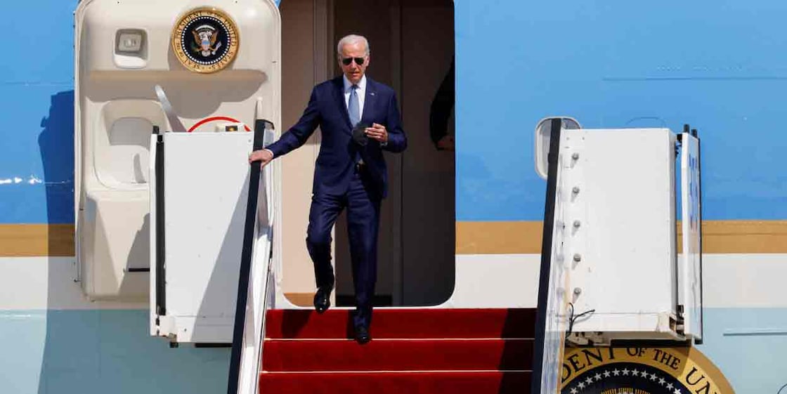 U.S. President Joe Biden descends from Air Force One as he lands for a three-day visit, at Ben Gurion International Airport in Lod near Tel Aviv, Israel, July 13, 2022. REUTERS/Amir Cohen
