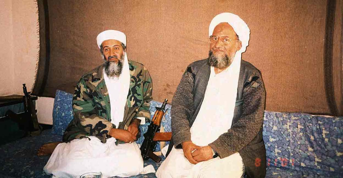  Osama bin Laden sits with his adviser Ayman al-Zawahiri, an Egyptian linked to the al Qaeda network, during an interview with Pakistani journalist Hamid Mir (not pictured) in an image supplied by Dawn newspaper November 10, 2001. File Photo: REUTERS