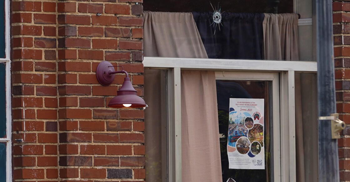 A bullet hole is visible above a door at the Mahogany Masterpiece dance studio after a shooting at a birthday party in Dadeville, Alabama on Sunday. Photo: Getty Images via AFP/Megan Varner