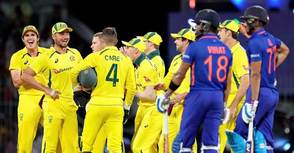 Australia's Adam Zampa and teammates celebrate the wicket of India's Shubman Gill during the third ODI at MA Chidambaram Stadium in Chennai on Wednesday. Photo: PTI