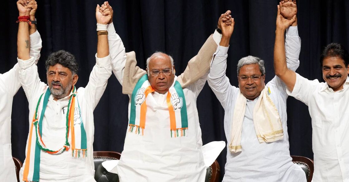 Congress President Mallikarjun Kharge with senior party leaders Siddaramaiah, D.K. Shivakumar and K.C. Venugopal during celebrations after the party's win in Karnataka Assembly elections, in Bengaluru