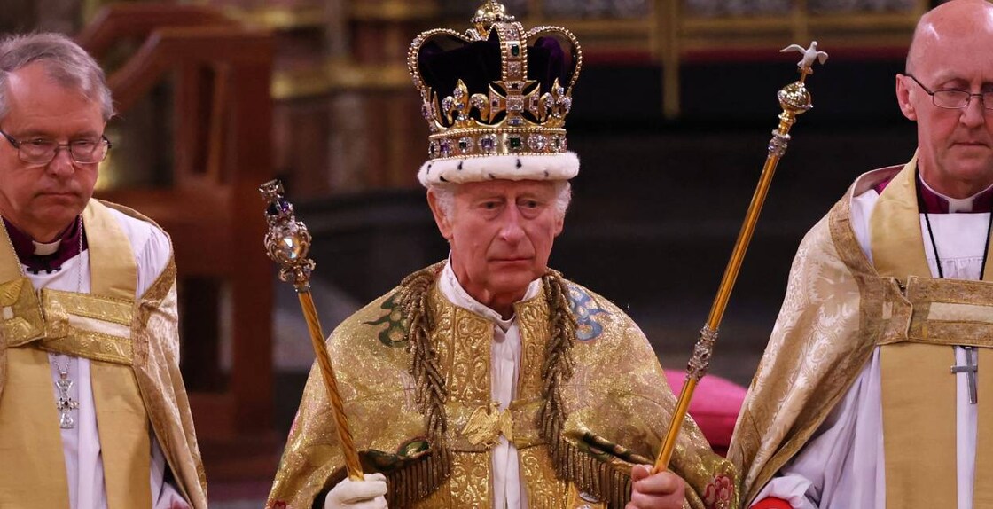 Britain's King Charles III with the St Edward's Crown on his head attends the Coronation Ceremony . Photo: AFP