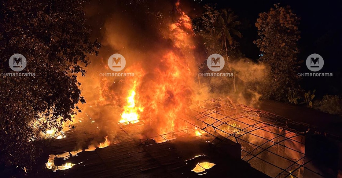 A massive fire gutted the warehouse at Uliyakkovil in Kollam on May 17. Photo: Manorama