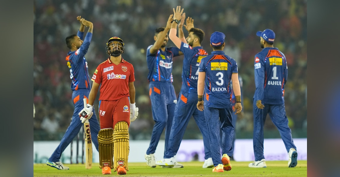 Lucknow Super Giants players celebrate the wicket of Prabhsimran Singh of Punjab Kings during the IPL at Mohali on Friday. Photo: PTI