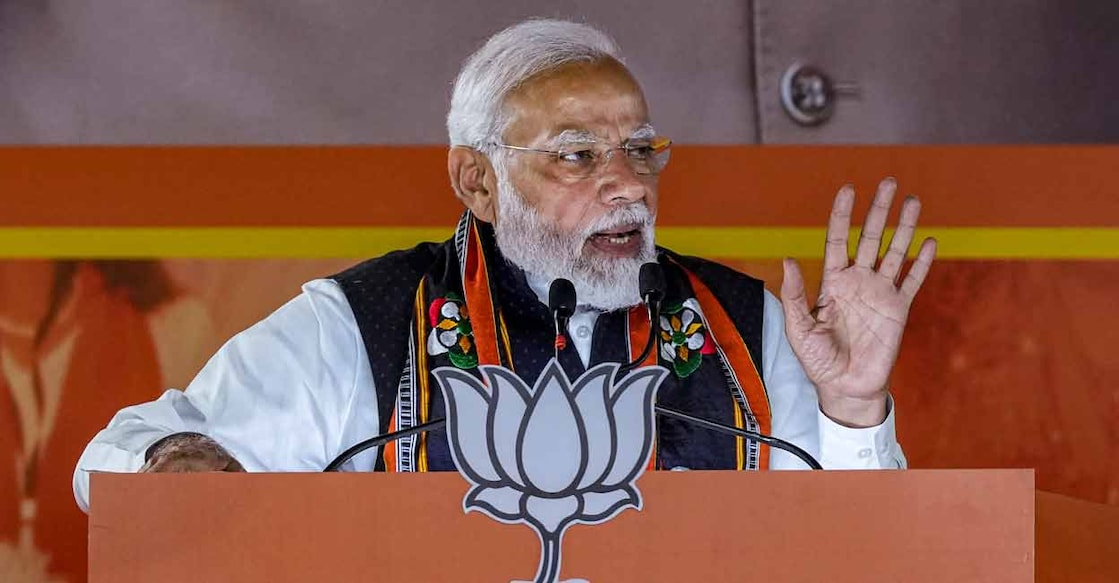 Prime Minister Narendra Modi addresses BJP workers during celebrations after the party's performance in Nagaland, Tripura and Meghalaya Assembly polls, at the BJP headquarters in New Delhi on Thursday. Photo: PTI