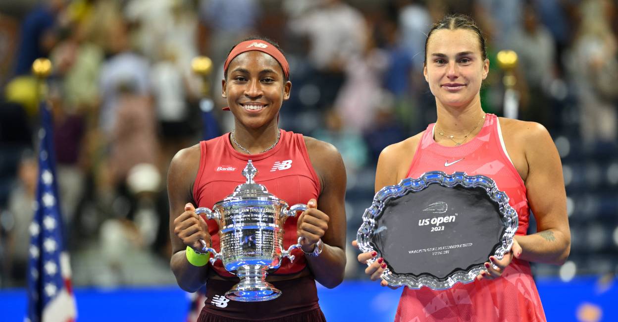 us-open-coco-final USA's Coco Gauff and Belarus's Aryna Sabalenka hold their trophies after Gauff won the US Open tennis tournament women's singles final match. Photo: Angella Weiss/ AFP