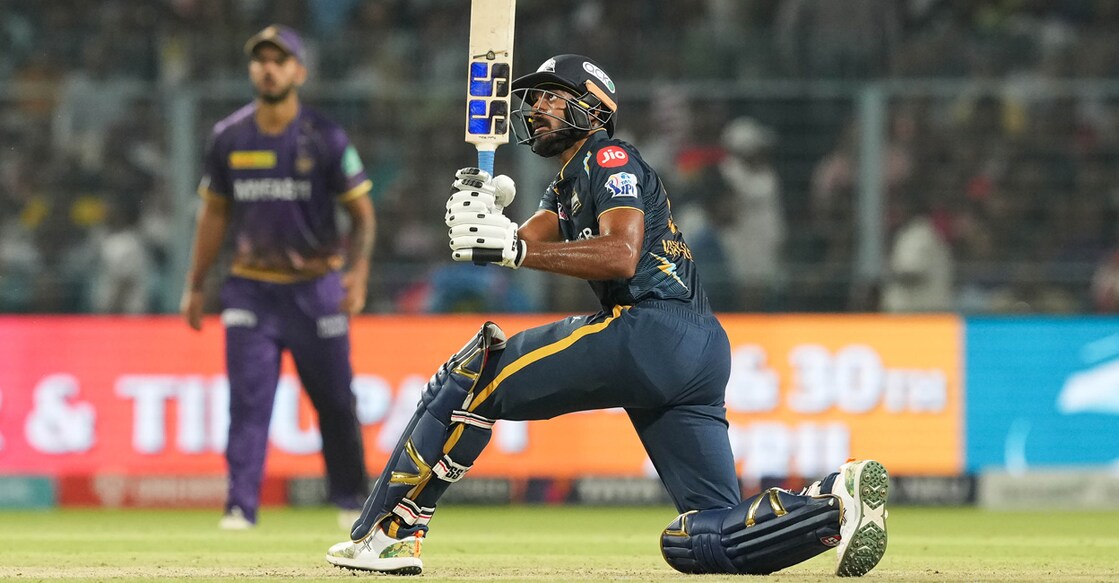 Vijay Shankar of Gujarat Titans plays a shot against Kolkata Knight Riders during the IPL at Eden Gardens in Kolkata on Saturday. Photo: PTI