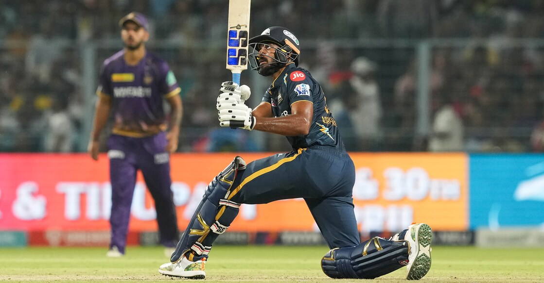 PTI04_29_2023_000300B Vijay Shankar of Gujarat Titans plays a shot against Kolkata Knight Riders during the IPL at Eden Gardens in Kolkata on Saturday. Photo: PTI