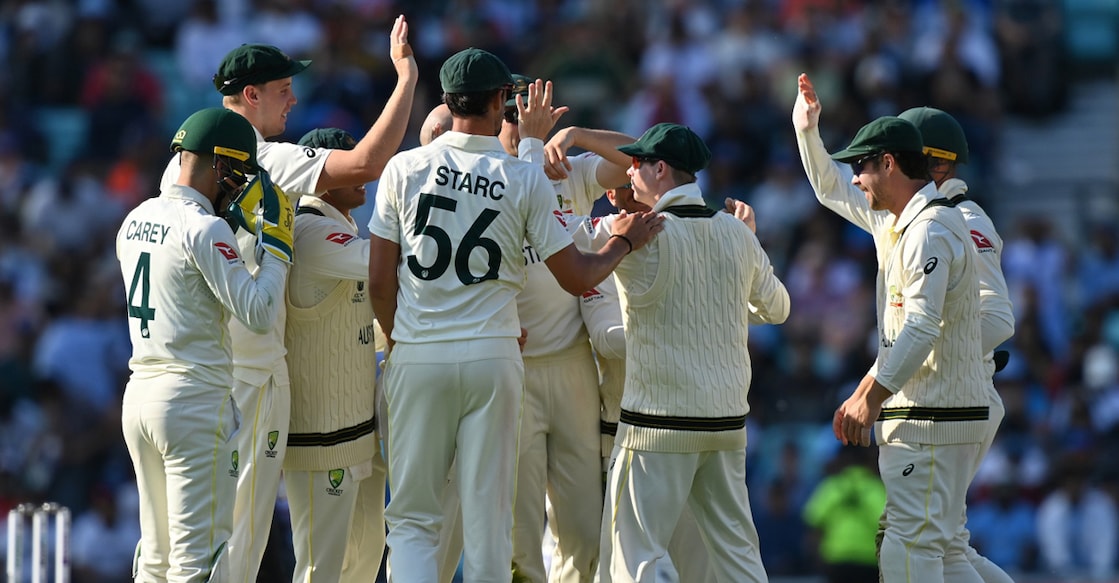 Australia players celebrate the wicket of India's Ravindra Jadeja (unseen) for 48 runs during day 2 of the ICC World Test Championship cricket final at The Oval in London on Thursday. Photo: AFP/Glyn Kirk