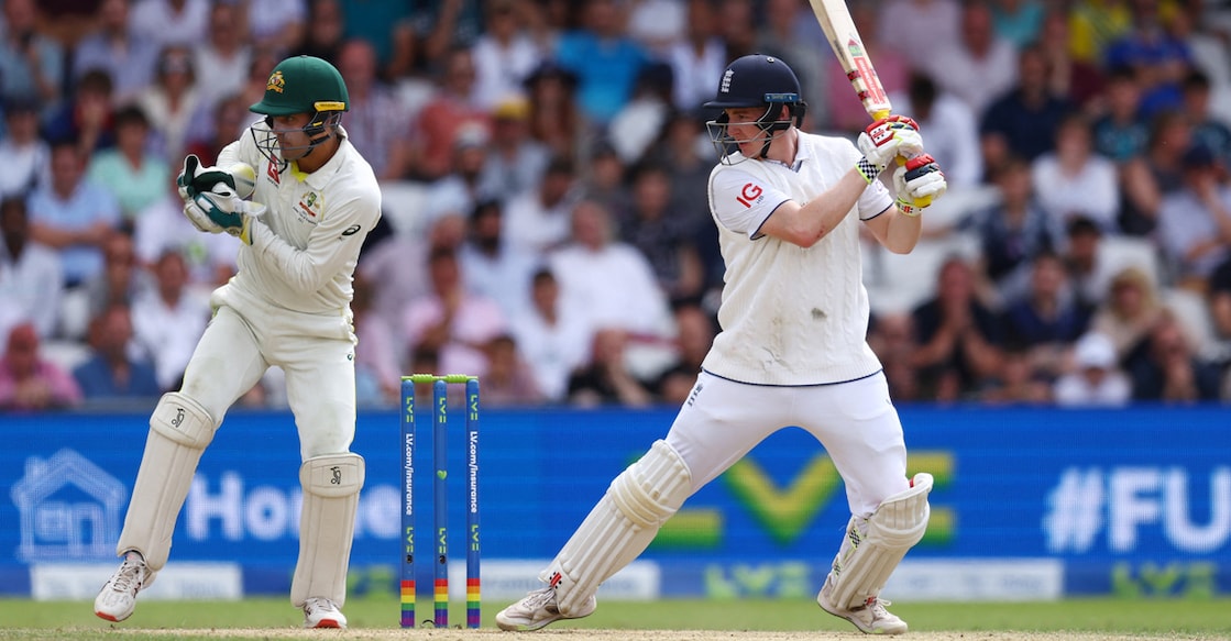 England's Harry Brook plays a shot off the bowling of Australia's Todd Murphy. Photo: Reuters/Lee Smith