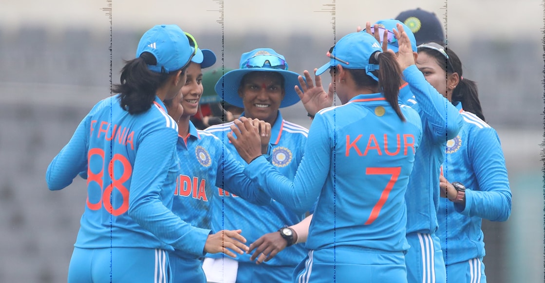 Indian players celebrate a Bangladesh wicket during the second ODI in Mirpur on Wednesday. Photo: Twitter/@BCCIWomen