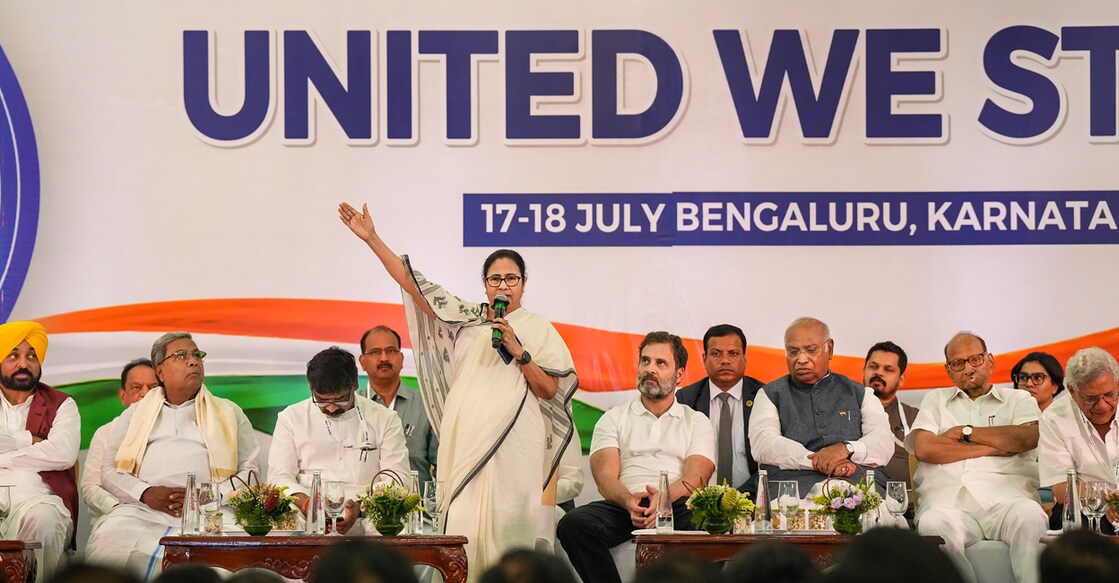 West Bengal Chief Minister Mamata Banerjee addresses a joint press conference of the opposition parties, in Bengaluru on Tuesday. Photo: PTI