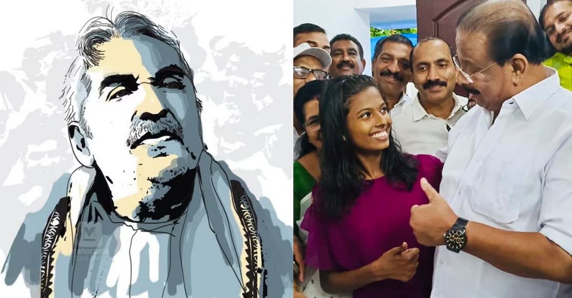 A graphic of Oommen Chandy (left). Aluva native Amitha, who will be one of the beneficiaries of the Congress initiative with KPCC chief K Sudhakaran