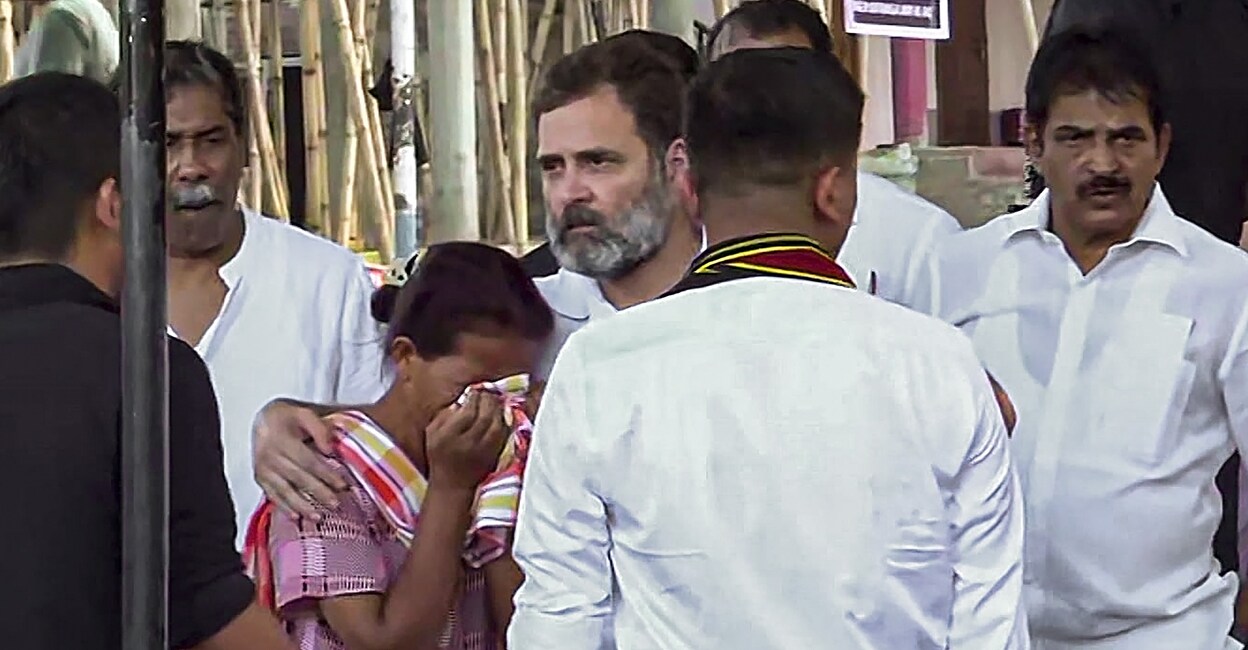 PTI06_29_2023_000230B Congress leader Rahul Gandhi meets people displaced by the violence in Manipur, at a relief camp in Churachandpur on Thursday. Photo: PTI