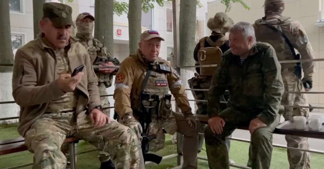UKRAINE-CRISIS-RUSSIA-PRIGOZHIN-ROSTOV Founder of Wagner private mercenary group Yevgeny Prigozhin meets with Russia's Deputy Minister of Defense Yunus-Bek Yevkurov, at the headquarters of the Southern Military District of the Russian Armed Forces, in Rostov-on-Don, Russia, in this screen grab from a video released on June 24, 2023. Video Obtained by Reuters