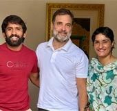 Vinesh Phogat, Bajrang Punia meet Rahul Gandhi amid speculation over entering poll fray from Haryana