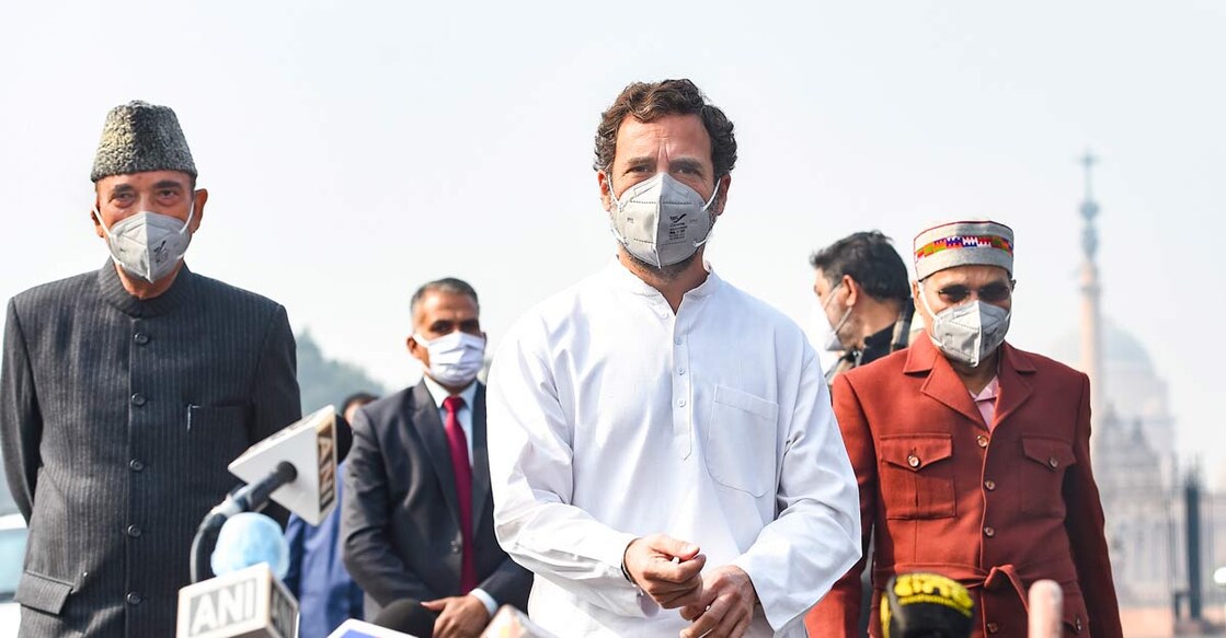 Indian National Congress delegation comprising Rahul Gandhi, Ghulam Nabi Azad (L) and Adhir Ranjan Chowdhury (R) speaks to media after meeting with President Ram Nath Kovind, in New Delhi, Thursday. Photo: PTI
