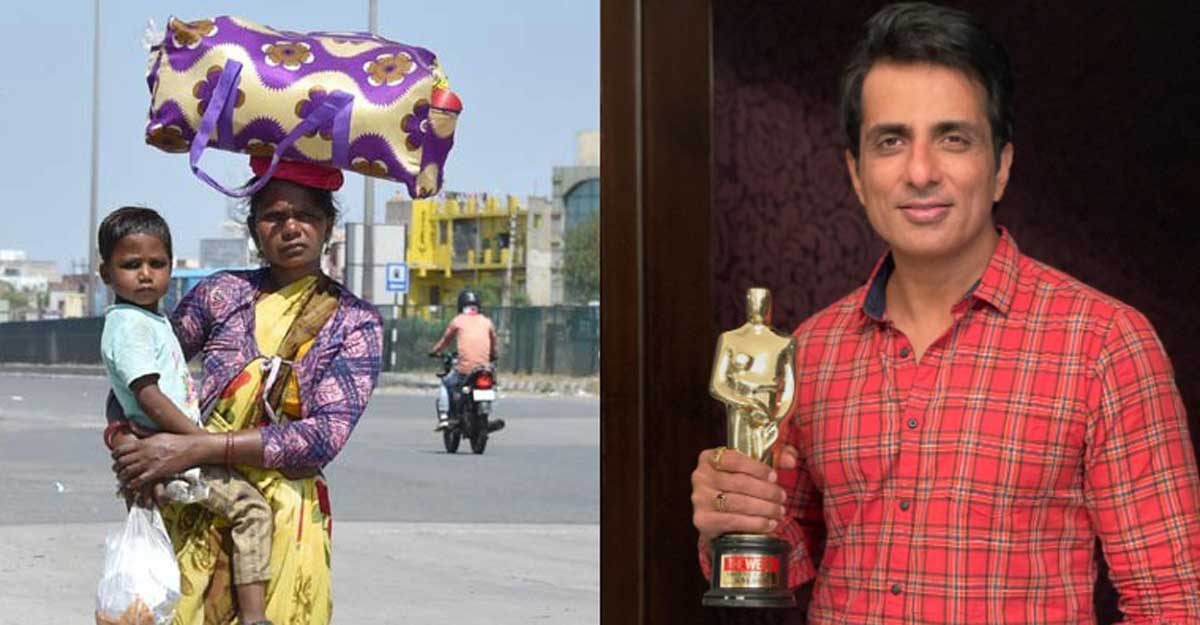 A collage showing a migrant labourer last year (Photo: Aayush Goel) and Sonu Sood with THE WEEK Man of the Year award (Photo: Mini P. Thomas)