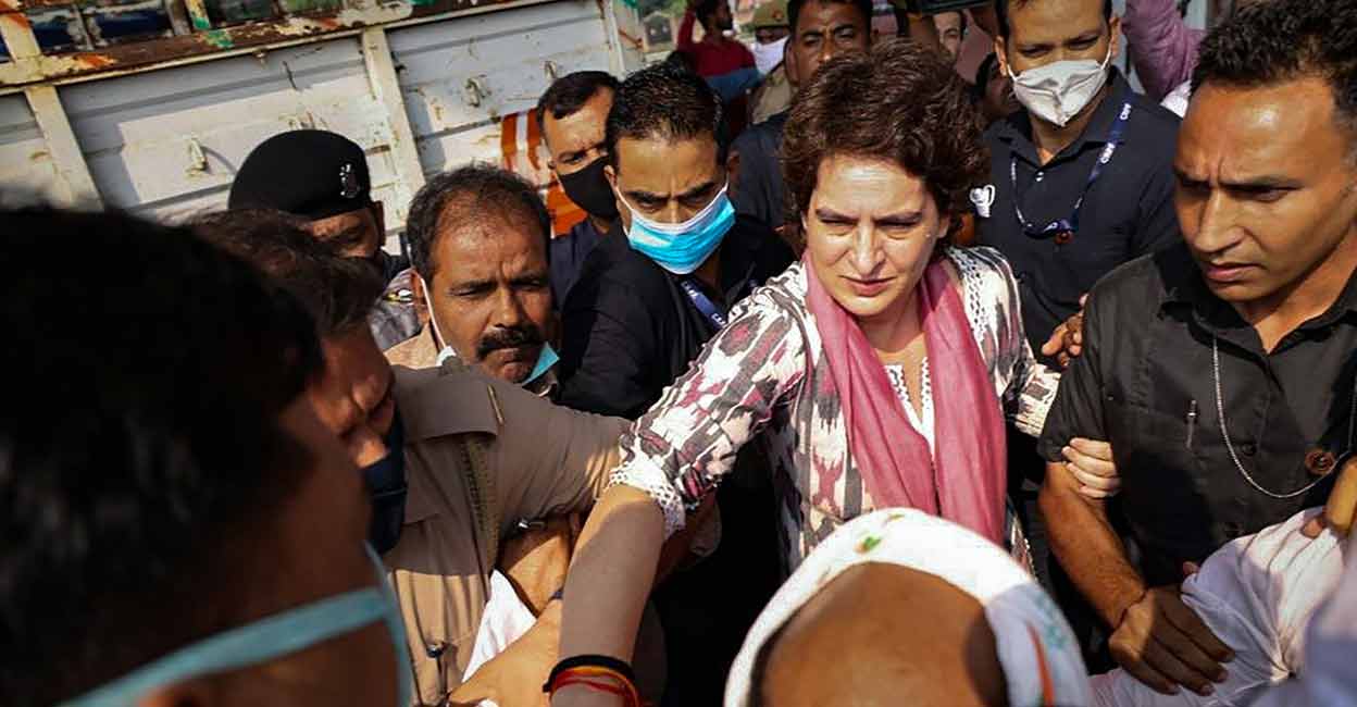 PTI10_20_2021_000124B Congress General Secretary Priyanka Gandhi Vadra on her way to meet the family of Arun Valmiki, who allegedly died in police custody, in Agra, Wednesday, Oct 20, 2021.