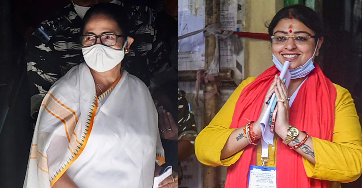 PTI09_30_2021_000134B West Bengal Chief Minister and TMC candidate Mamata Banerjee for Bhawanipur Assembly by-poll, BJP candidate Priyanka Tibrewal. Photos: PTI
