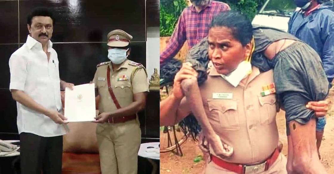 Tamil Nadu Chief Minister MK Stalin felicitates Inspector Rajeswari for her rescue work during Chennai rains.