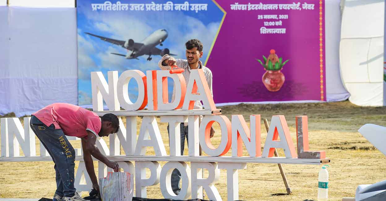 Preparations underway on the eve of the foundation stone laying ceremony of Jewar Airport by Prime Minister Narendra Modi scheduled for tomorrow, in Gautam Buddha Nagar district, Wednesday, Nov. 24, 2021. (PTI Photo/Kamal Kishore)