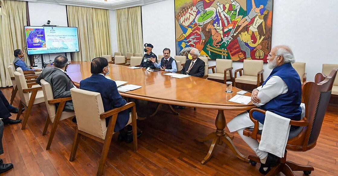 PM Narendra Modi chairs a meeting on the cyclone related situation in the country, in New Delhi on Thursday, Dec 2, 2021. Photo: PTI