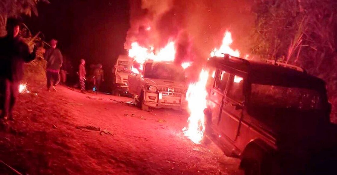 Troopers made no attempt to identify civilians before shooting, tried to hide bodies, says police report Angry villagers burn vehicles belonging to security personnel after 13 civilians were killed by the security forces from Assam Rifles in an anti-insurgency operations, at Oting village under Mon district of Nagaland, Saturday night, Dec. 4, 2021. Photo: PTI