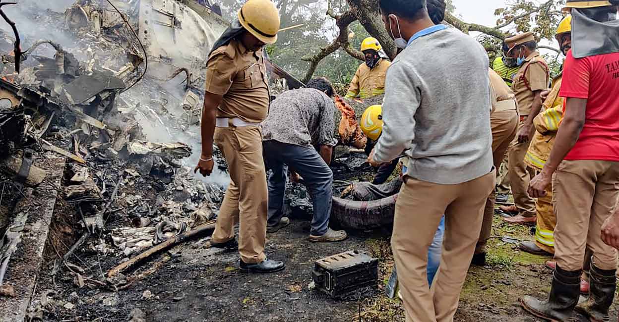 IAF Mi-17V5 helicopter crashed in Coonoor Rescue officals at the spot where an IAF Mi-17V5 helicopter crashed in Coonoor, Tamil Nadu. Photo: PTI
