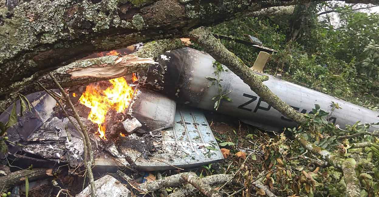PTI12_08_2021_000120B Wreckage of the crashed IAF Mi-17V5 helicopter, in Coonoor, Tamil Nadu. Photo: PTI