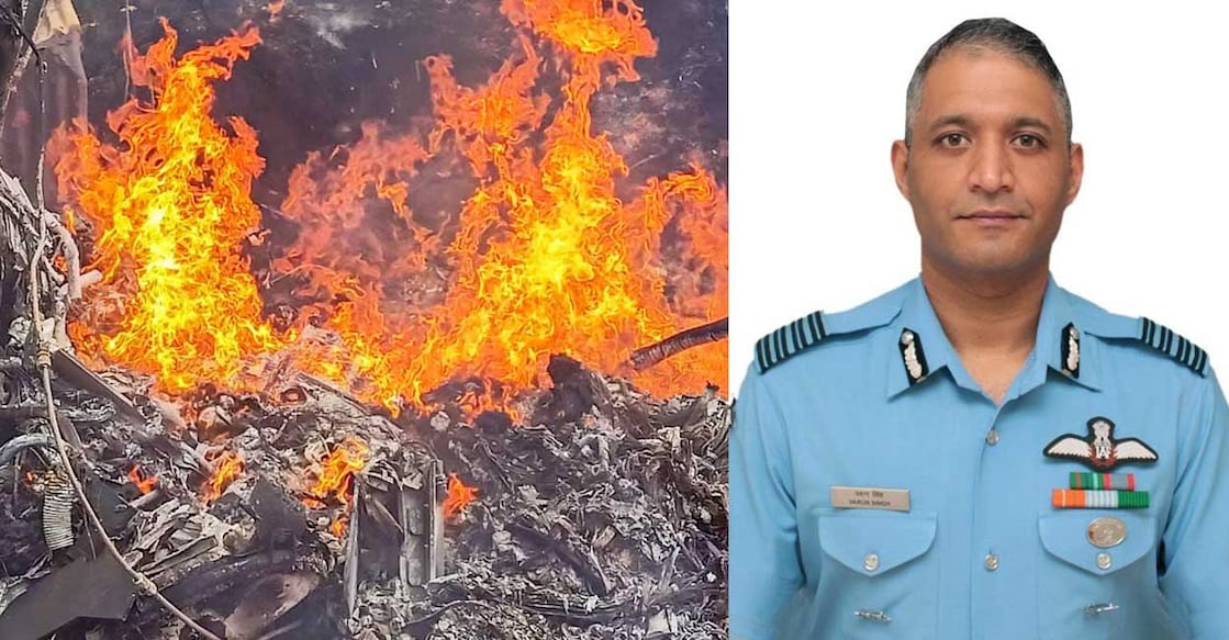 Military chopper crash: Shaurya Chakra awardee Varun Singh survives one night, next 48 hours critical (Right) Wreckage of the crashed IAF Mi-17V5 helicopter, in Coonoor, Tamil Nadu, on Wednesday. (Left) Group Captain Varun Singh, the lone survivor of the ill-fated Mi-17V5 helicopter crash. Photo: PTI/IANS