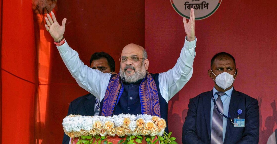 Union Home Minister Amit Shah addresses a public rally at Rashmela Mela maidan in Cooch Behar district of West Bengal, Thursday, February 11, 2021. Photo: PTI