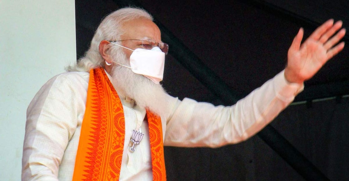 Prime Minister Narendra Modi Prime Minister Narendra Modi during an election campaign for West Bengal Assembly polls, at Kawakhali near Siliguri, Saturday, April 10, 2021. Photo: PTI