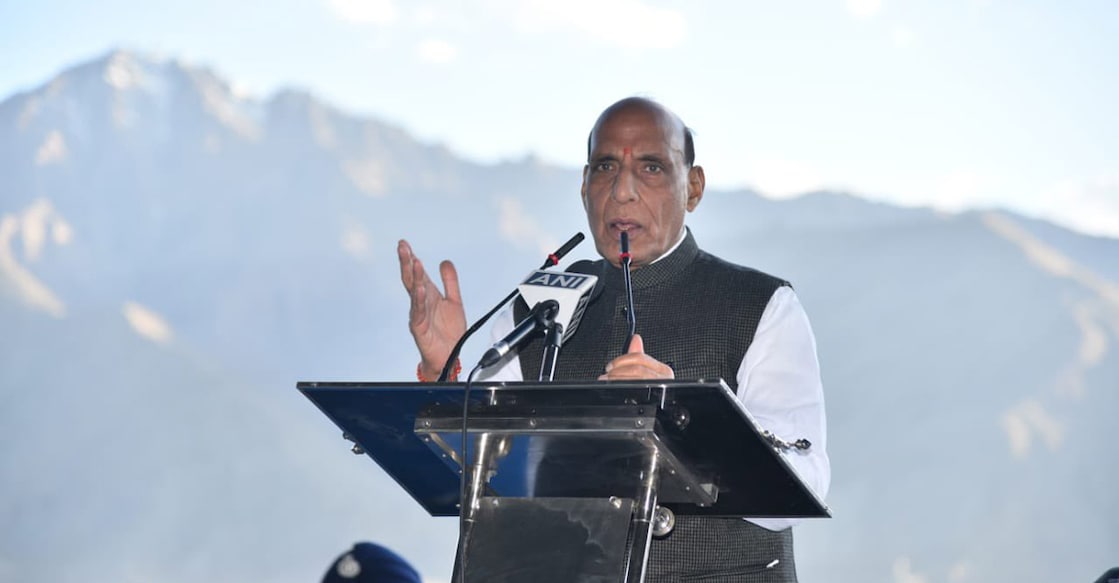 Rajnath Singh addressing soldiers at an event in a forward location on the second day of his Ladakh visit. Photo: Twitter/Rajnath Singh