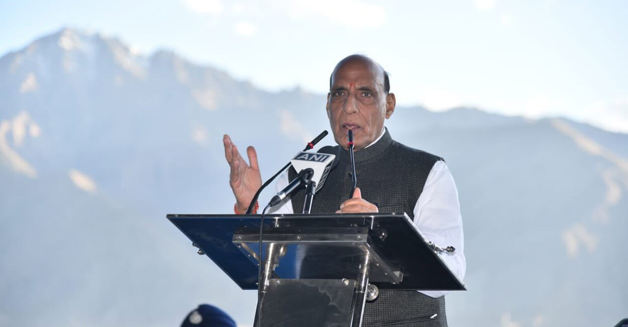 Rajnath Singh addressing soldiers at an event in a forward location on the second day of his Ladakh visit. Photo: Twitter/Rajnath Singh